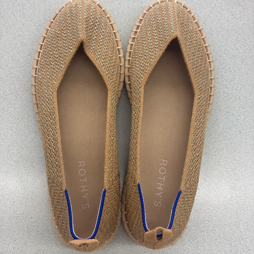 Rothy's Tan Knit Espadrille Flats with Blue Heel Trim